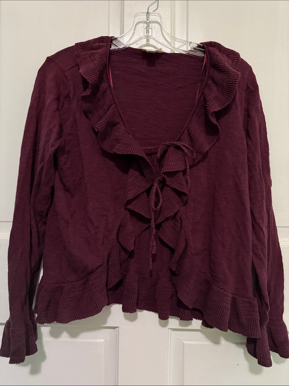a.n.a Burgundy Ruffle-Front Tie Cardigan Colligate Coquette